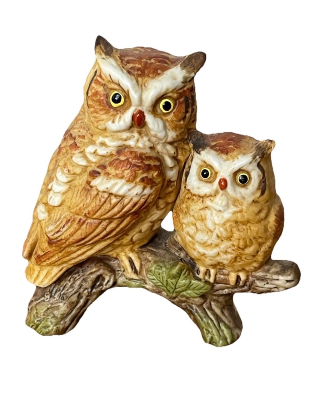 Napcoware bisque Mother Owl & Owlet on branch Ceramic figurine #314 1970s